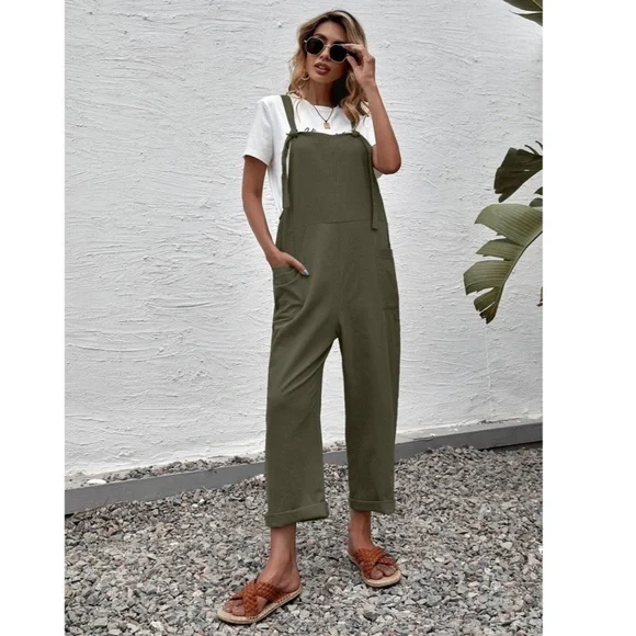 Army Green Casual Overalls w/ Pockets Rolled Up Hem - Picture 5 of 7